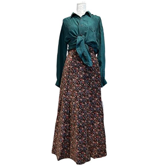 Vintage 70s Brown Floral A Line Maxi Skirt Womens Sz XS Canda Autumn Academia - Picture 1 of 16